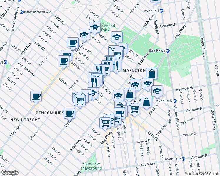 map of restaurants, bars, coffee shops, grocery stores, and more near 2057 63rd Street in Brooklyn