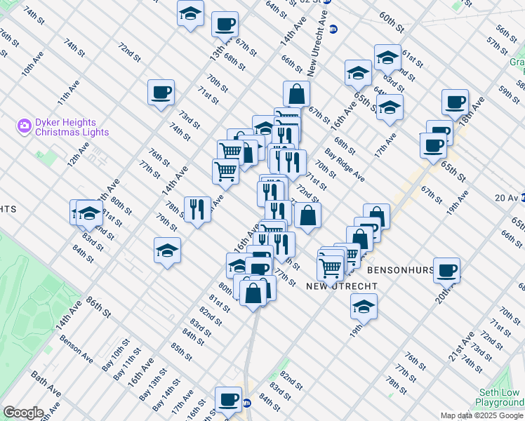 map of restaurants, bars, coffee shops, grocery stores, and more near 1566 74th Street in Brooklyn