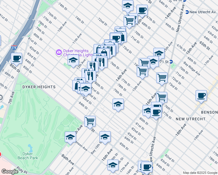 map of restaurants, bars, coffee shops, grocery stores, and more near 1358 79th Street in Brooklyn