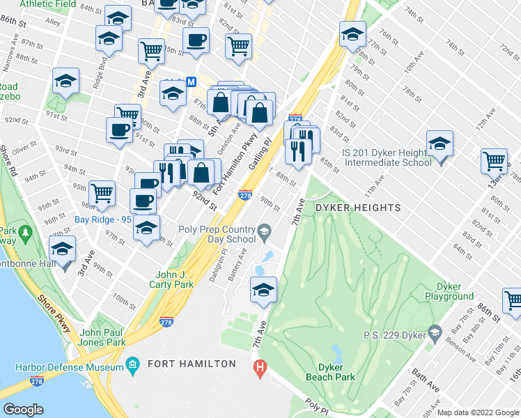map of restaurants, bars, coffee shops, grocery stores, and more near 105 Dahlgren Place in Brooklyn