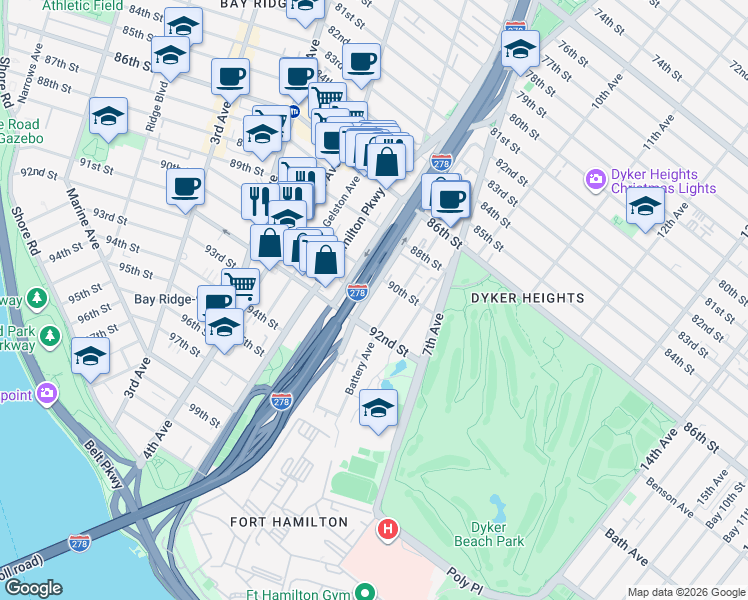 map of restaurants, bars, coffee shops, grocery stores, and more near 105 Dahlgren Place in Brooklyn