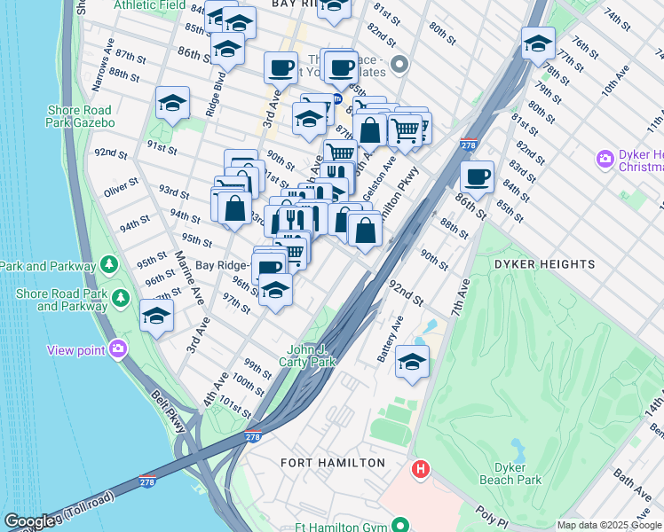 map of restaurants, bars, coffee shops, grocery stores, and more near 546 92nd Street in Brooklyn