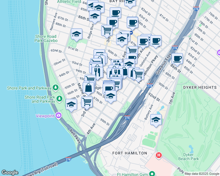 map of restaurants, bars, coffee shops, grocery stores, and more near 9326 4th Avenue in Brooklyn