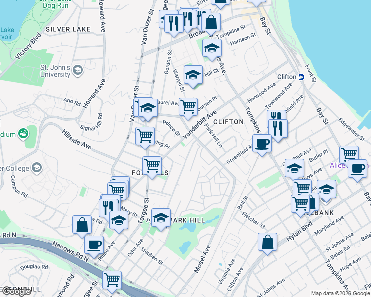 map of restaurants, bars, coffee shops, grocery stores, and more near 337A Vanderbilt Avenue in Staten Island