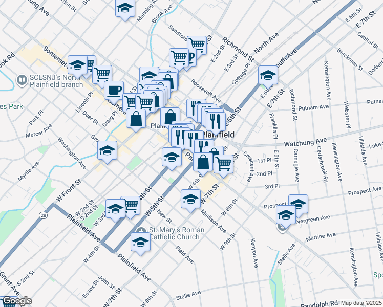 map of restaurants, bars, coffee shops, grocery stores, and more near 111 East 5th Street in Plainfield