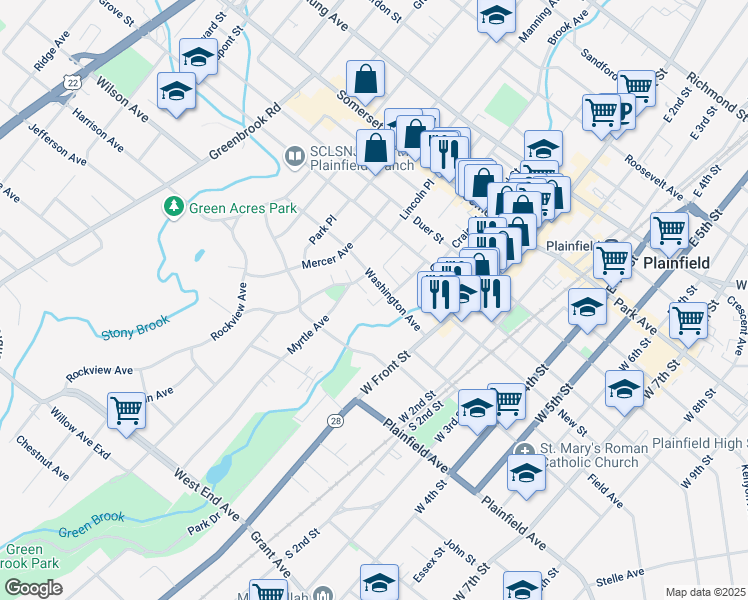 map of restaurants, bars, coffee shops, grocery stores, and more near 22 Washington Avenue in North Plainfield