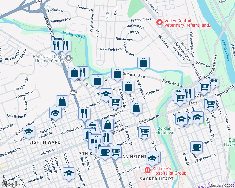 map of restaurants, bars, coffee shops, grocery stores, and more near 914 North Mohr Street in Allentown