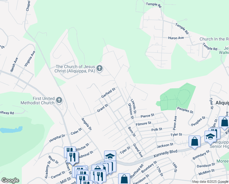 map of restaurants, bars, coffee shops, grocery stores, and more near 1740 Garfield Street in Aliquippa