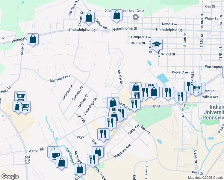 map of restaurants, bars, coffee shops, grocery stores, and more near 223 Medlar Drive in Indiana