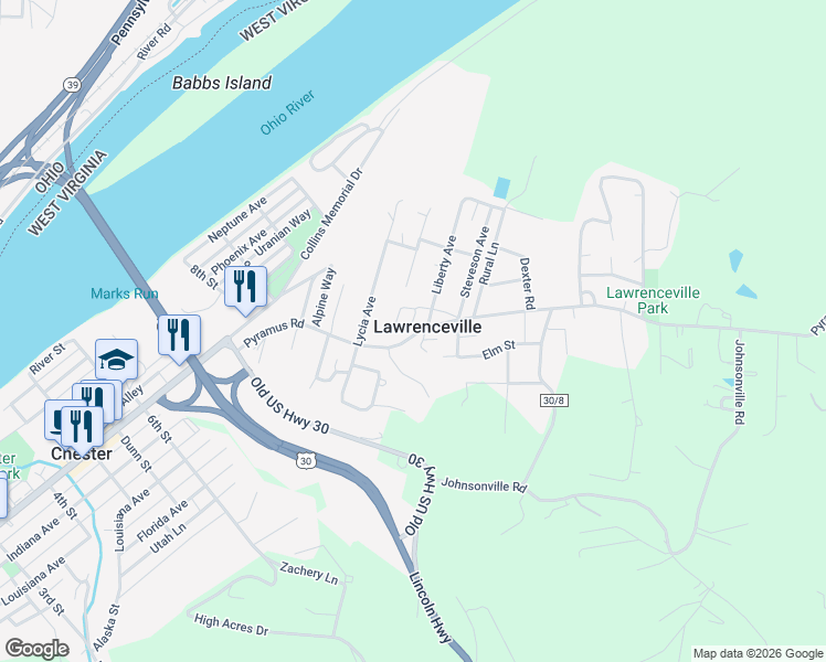 map of restaurants, bars, coffee shops, grocery stores, and more near 8 Corinthia Way in Chester