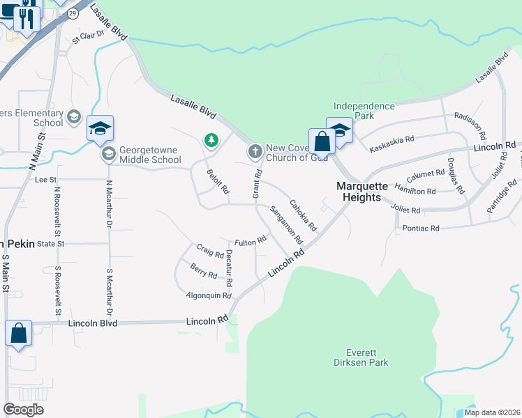 map of restaurants, bars, coffee shops, grocery stores, and more near 205-299 Grant Road in Marquette Heights