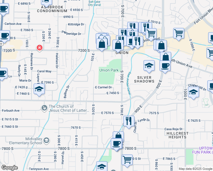 map of restaurants, bars, coffee shops, grocery stores, and more near 601 East 7400 South in Midvale