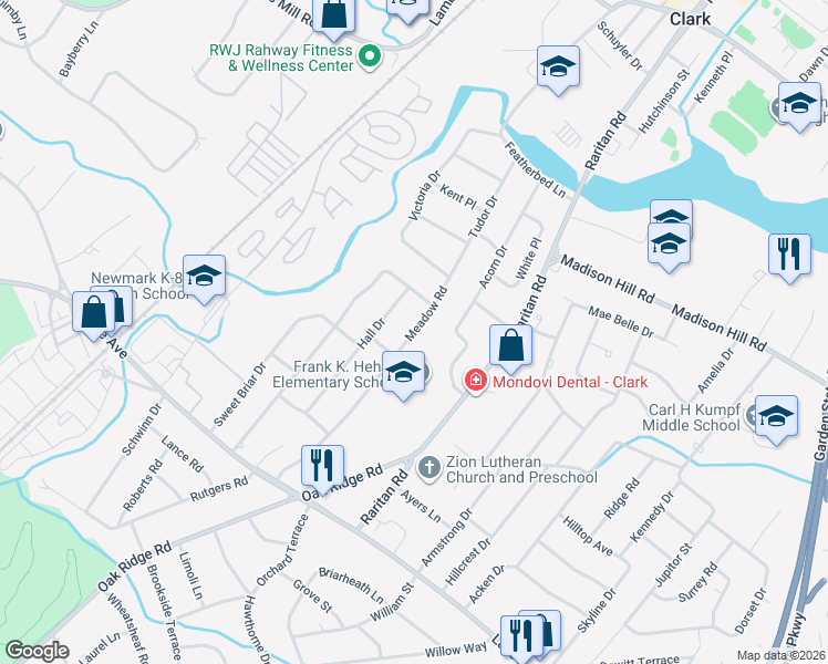 map of restaurants, bars, coffee shops, grocery stores, and more near 160 Meadow Road in Clark