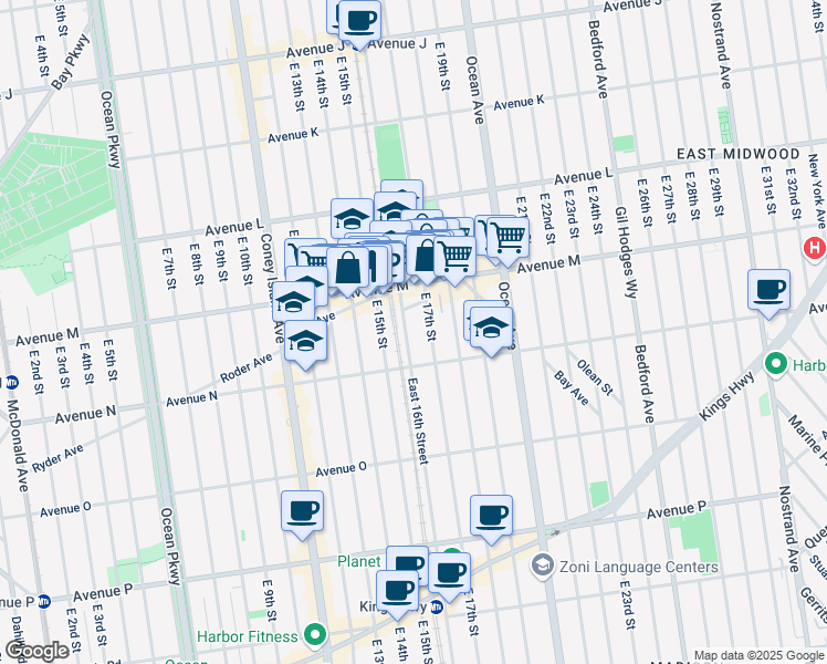 map of restaurants, bars, coffee shops, grocery stores, and more near 1344 East 16th Street in Brooklyn