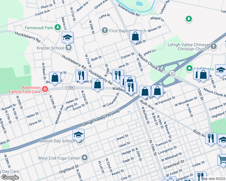 map of restaurants, bars, coffee shops, grocery stores, and more near 2024 Walbert Avenue in Allentown