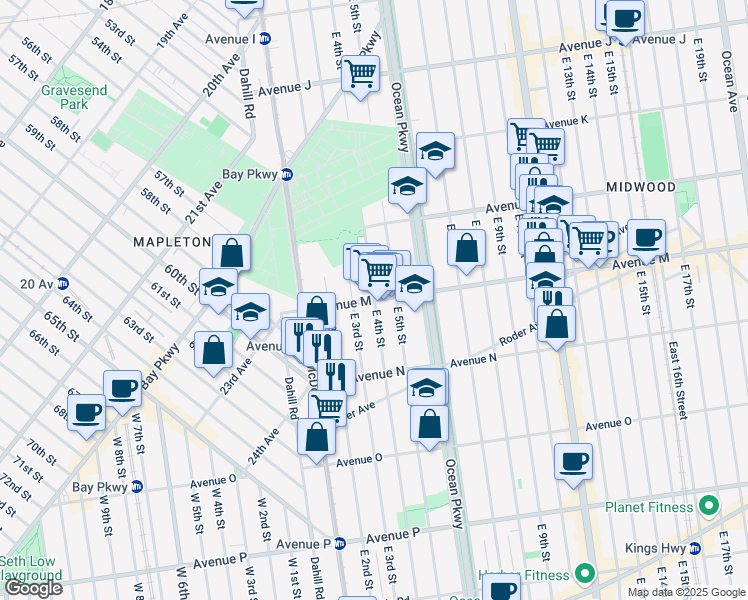 map of restaurants, bars, coffee shops, grocery stores, and more near Avenue M & East 4th Street in Brooklyn