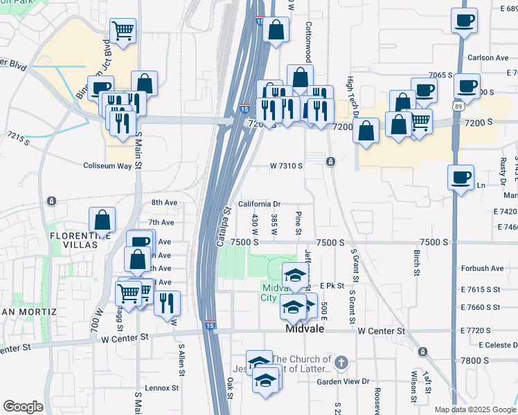 map of restaurants, bars, coffee shops, grocery stores, and more near 7395 430 West in Midvale