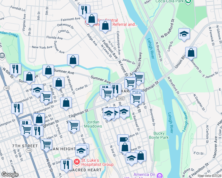 map of restaurants, bars, coffee shops, grocery stores, and more near 738-748 Ridge Avenue in Allentown