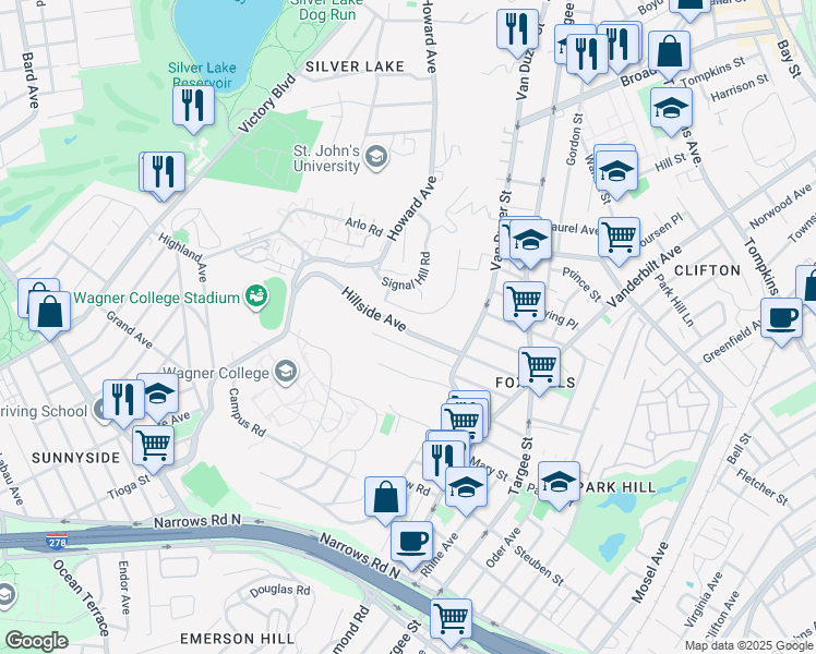 map of restaurants, bars, coffee shops, grocery stores, and more near 151 Hillside Avenue in Staten Island