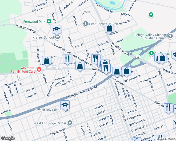 map of restaurants, bars, coffee shops, grocery stores, and more near 2032 Walbert Avenue in Allentown