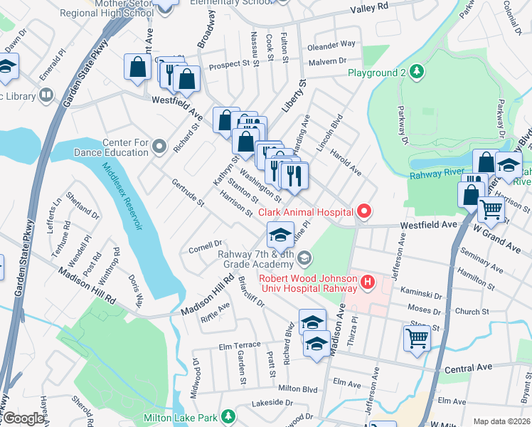 map of restaurants, bars, coffee shops, grocery stores, and more near 1252 Madison Hill Road in Clark