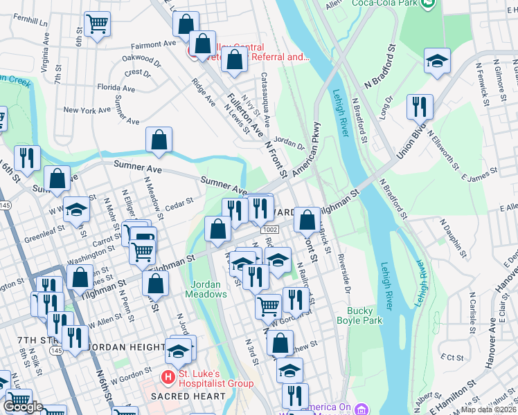 map of restaurants, bars, coffee shops, grocery stores, and more near 738-748 Ridge Avenue in Allentown