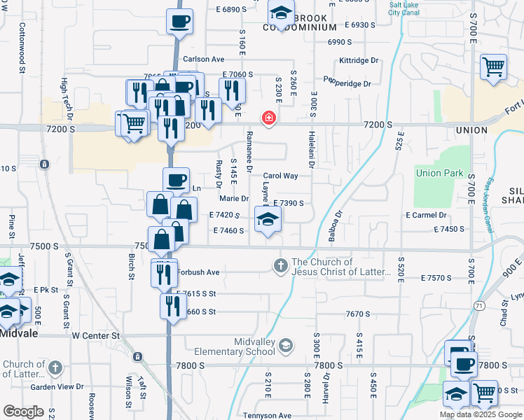 map of restaurants, bars, coffee shops, grocery stores, and more near 7412 Layne Drive in Midvale