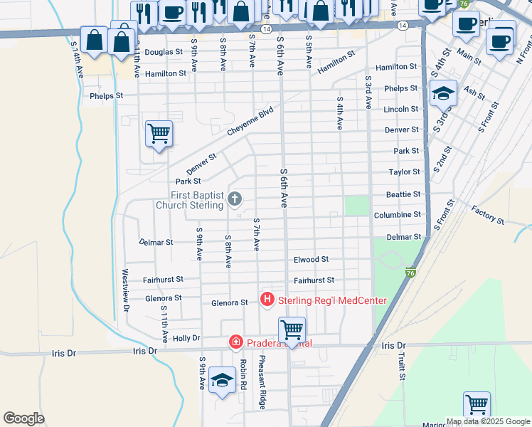 map of restaurants, bars, coffee shops, grocery stores, and more near 624 Columbine Street in Sterling