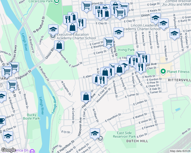 map of restaurants, bars, coffee shops, grocery stores, and more near 724 East Allen Street in Allentown