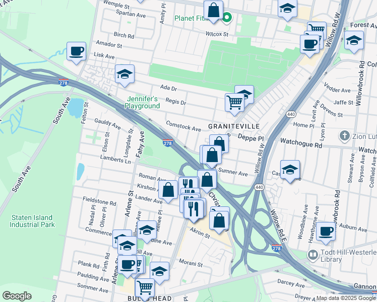 map of restaurants, bars, coffee shops, grocery stores, and more near 66 Domain Street in Staten Island