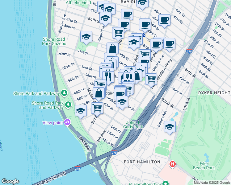 map of restaurants, bars, coffee shops, grocery stores, and more near 361 95th Street in Brooklyn