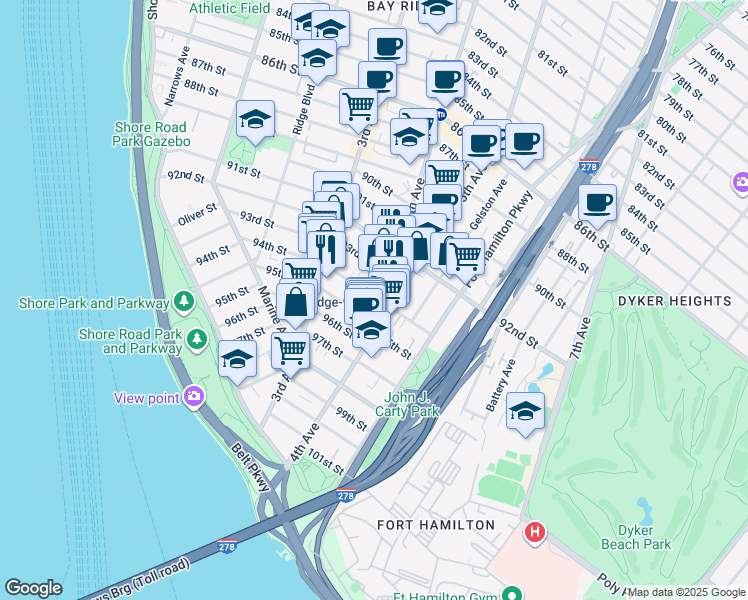 map of restaurants, bars, coffee shops, grocery stores, and more near 380 94th Street in Brooklyn