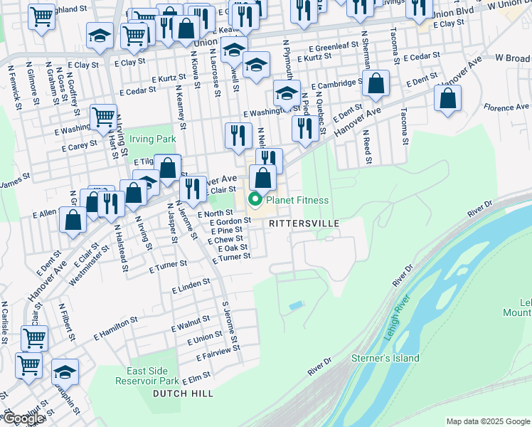 map of restaurants, bars, coffee shops, grocery stores, and more near 1415 East Gordon Street in Allentown
