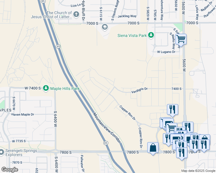 map of restaurants, bars, coffee shops, grocery stores, and more near 7383 South Olivine River Lane in West Jordan