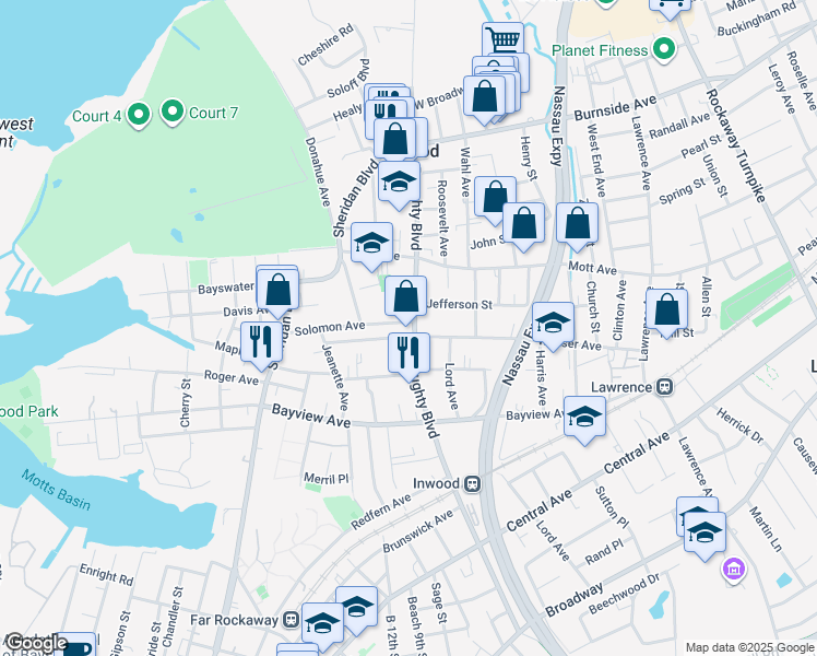 map of restaurants, bars, coffee shops, grocery stores, and more near 217 Solomon Avenue in Inwood