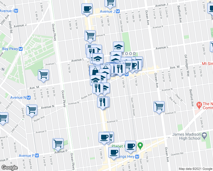 map of restaurants, bars, coffee shops, grocery stores, and more near 1216 Elm Avenue in Brooklyn