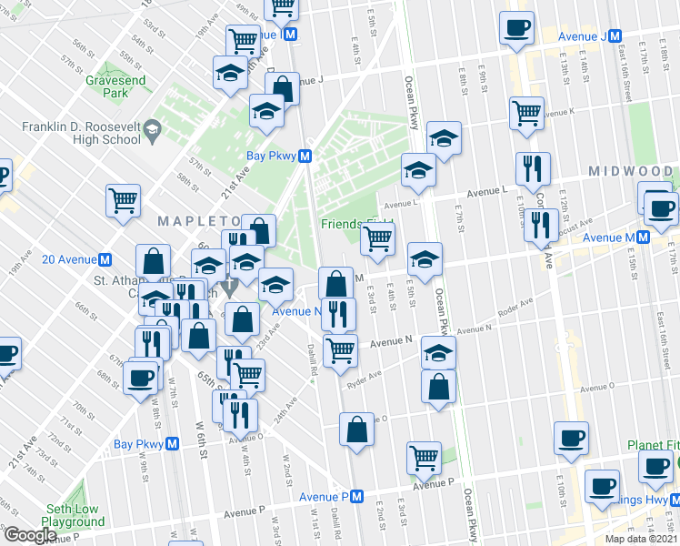 map of restaurants, bars, coffee shops, grocery stores, and more near 1481 McDonald Avenue in Brooklyn