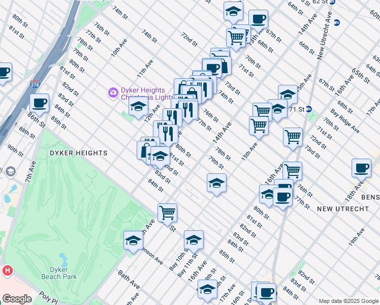 map of restaurants, bars, coffee shops, grocery stores, and more near 1358 79th Street in Brooklyn