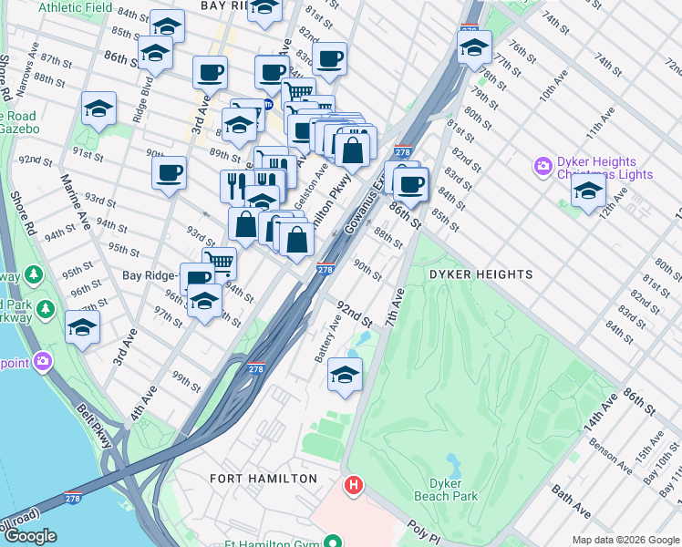 map of restaurants, bars, coffee shops, grocery stores, and more near 105 Dahlgren Place in Brooklyn