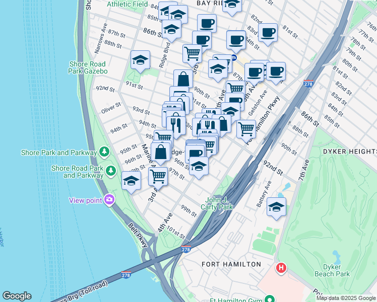 map of restaurants, bars, coffee shops, grocery stores, and more near 329 95th Street in Brooklyn