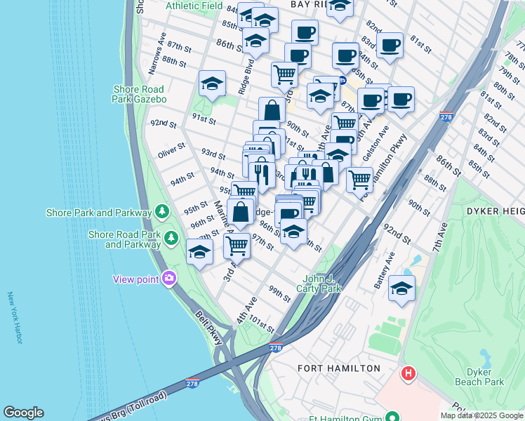 map of restaurants, bars, coffee shops, grocery stores, and more near 329 95th Street in Brooklyn