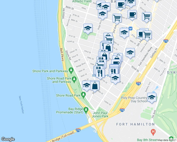 map of restaurants, bars, coffee shops, grocery stores, and more near 211 96th Street in Brooklyn
