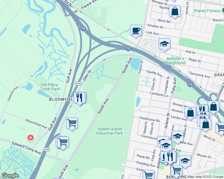 map of restaurants, bars, coffee shops, grocery stores, and more near 900 South Avenue in Staten Island