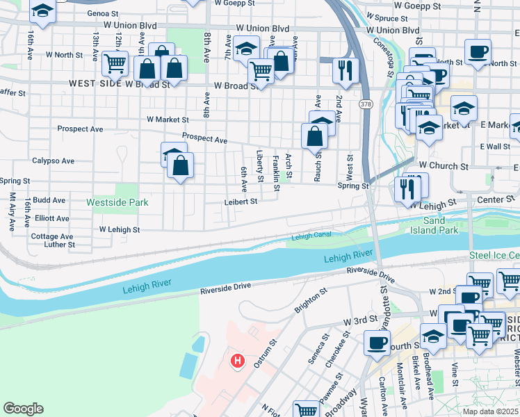 map of restaurants, bars, coffee shops, grocery stores, and more near 630 Leibert Street in Bethlehem