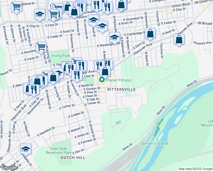 map of restaurants, bars, coffee shops, grocery stores, and more near 1415 East Gordon Street in Allentown