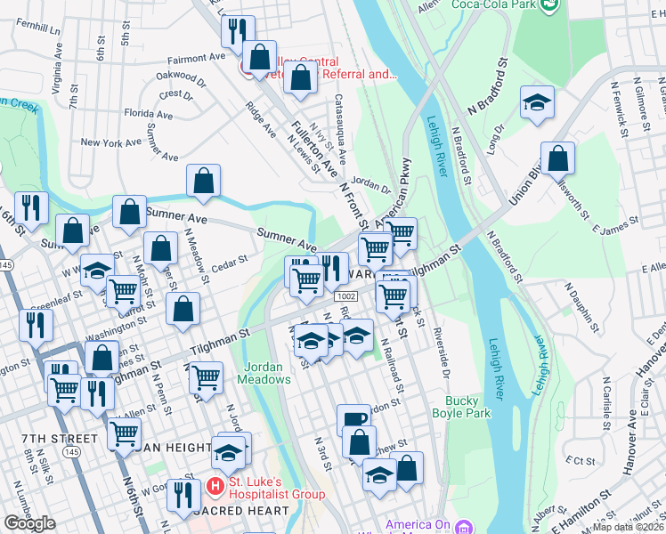 map of restaurants, bars, coffee shops, grocery stores, and more near 738-748 Ridge Avenue in Allentown