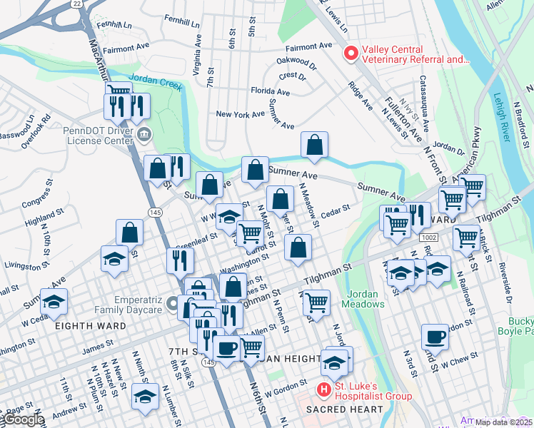 map of restaurants, bars, coffee shops, grocery stores, and more near 914 North Mohr Street in Allentown