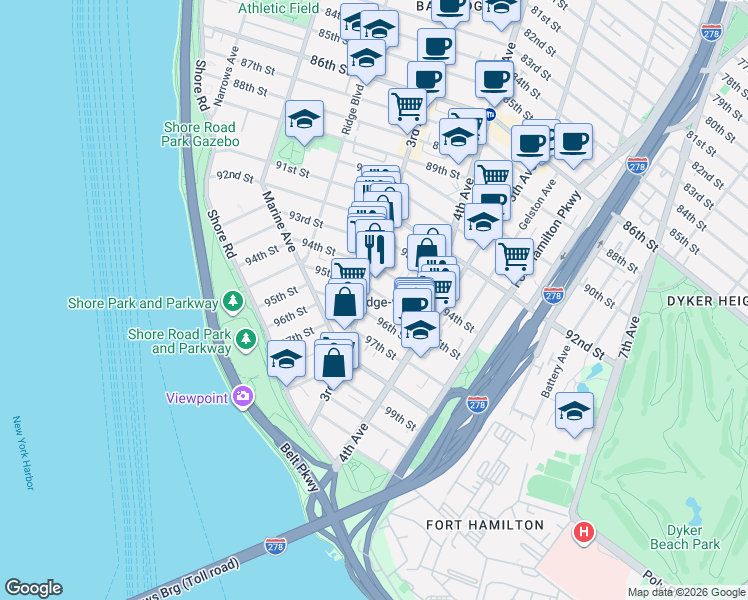 map of restaurants, bars, coffee shops, grocery stores, and more near 9512 3rd Avenue in Brooklyn