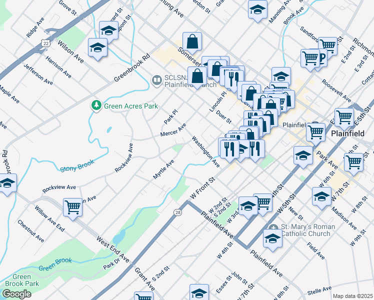 map of restaurants, bars, coffee shops, grocery stores, and more near 15 Myrtle Avenue in North Plainfield