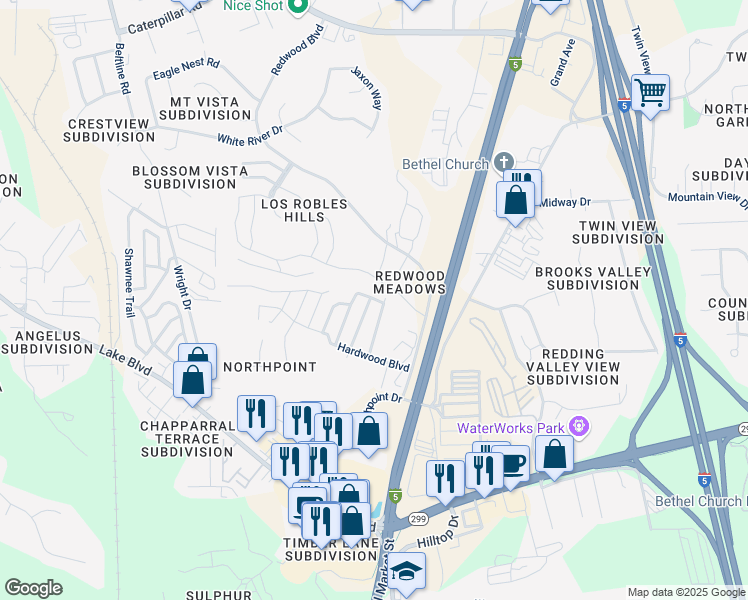 map of restaurants, bars, coffee shops, grocery stores, and more near 4842 Pecan Drive in Redding
